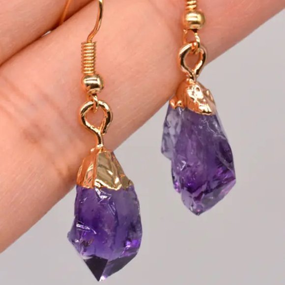 Natural Raw Amethyst Stone Dangle Earrings Purple Crystal Drop Earrings Handmade - Picture 3 of 5